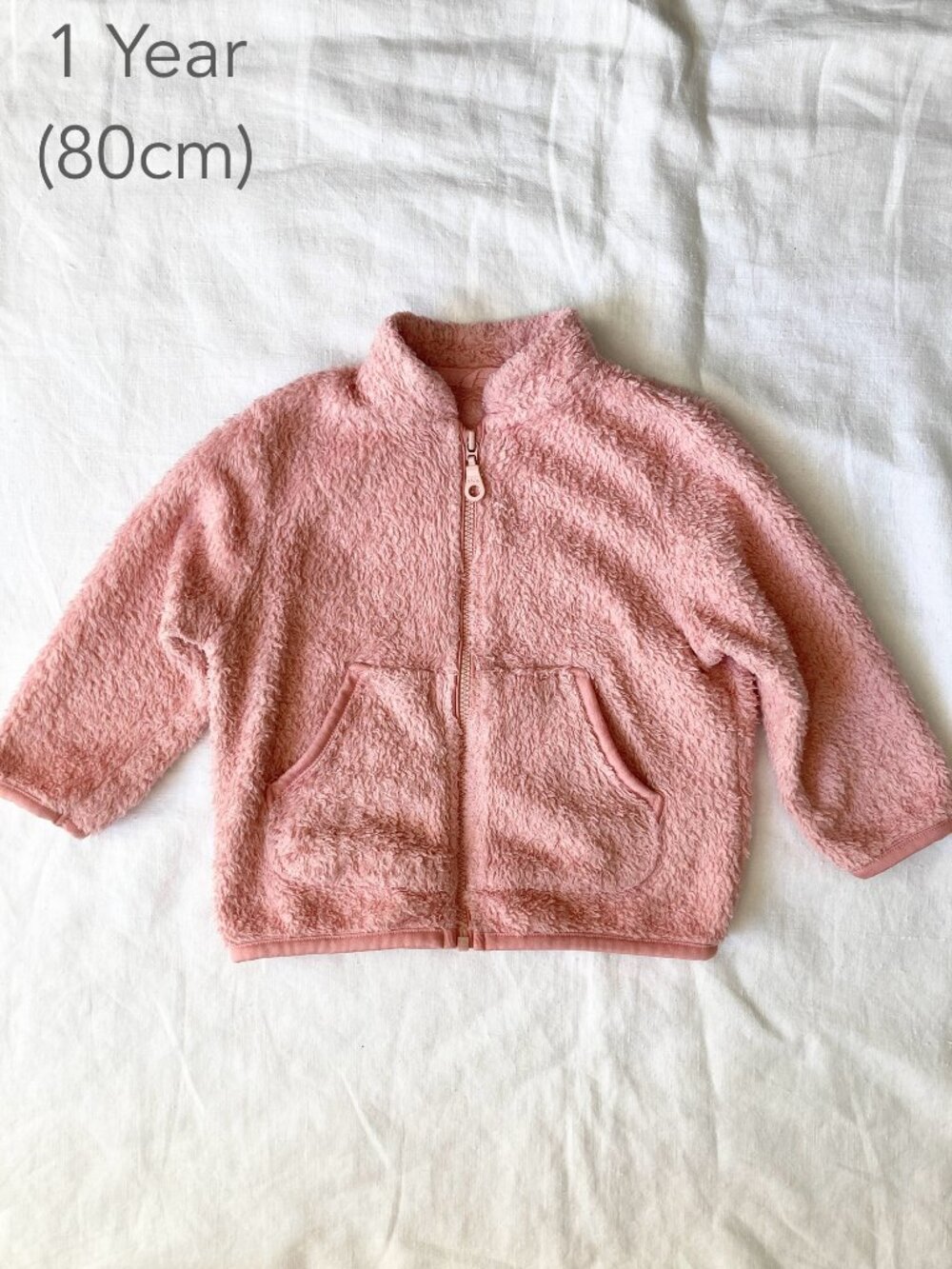 🪴5/$30 Uniqlo 1 Year 80cm Pink Fleece Fuzzy Zip Hoodie Jacket Sweater Winter